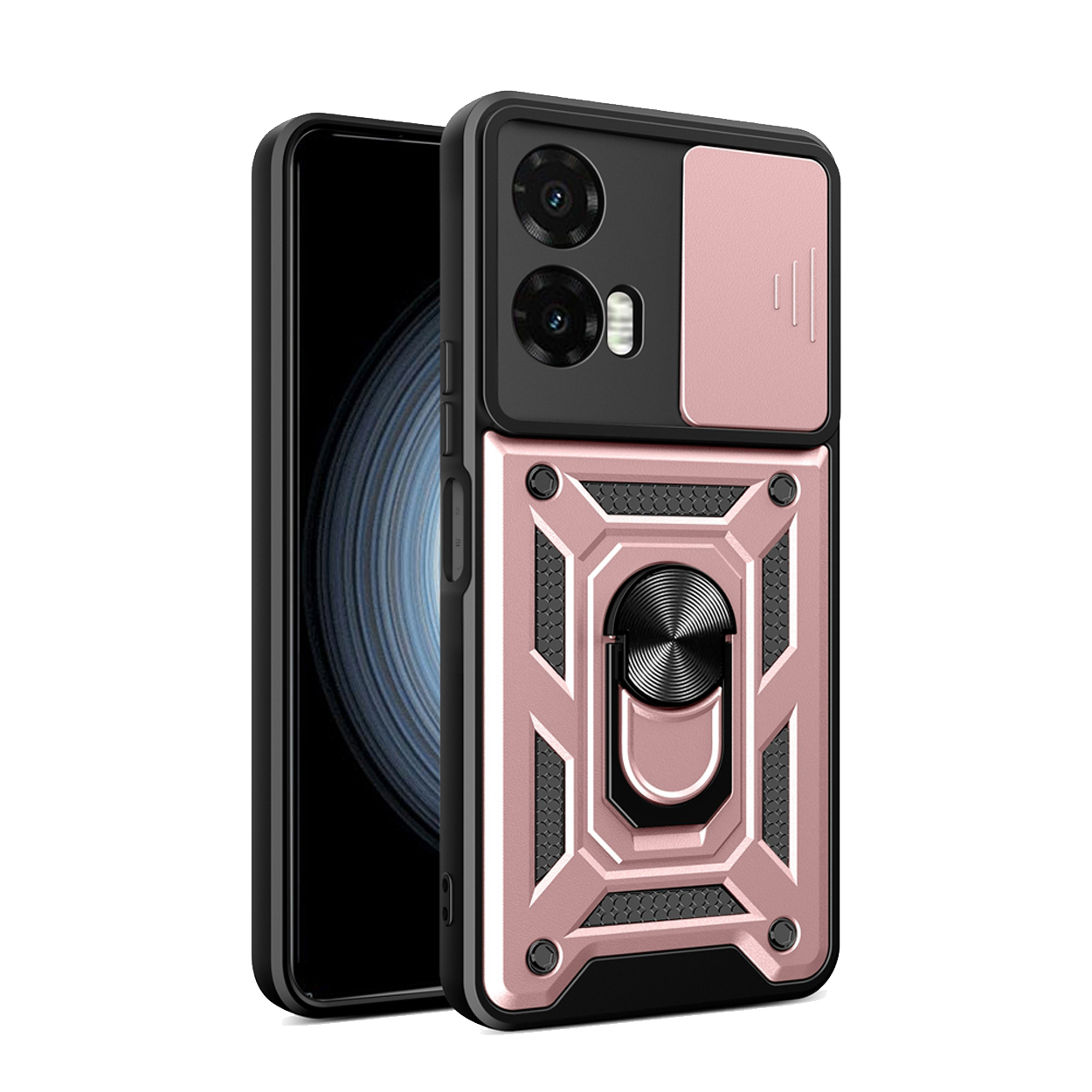 Roze en zwart telefoonhoesje met ringstandaard. Telefoon zit in de hoes. Zwarte cameramodule.