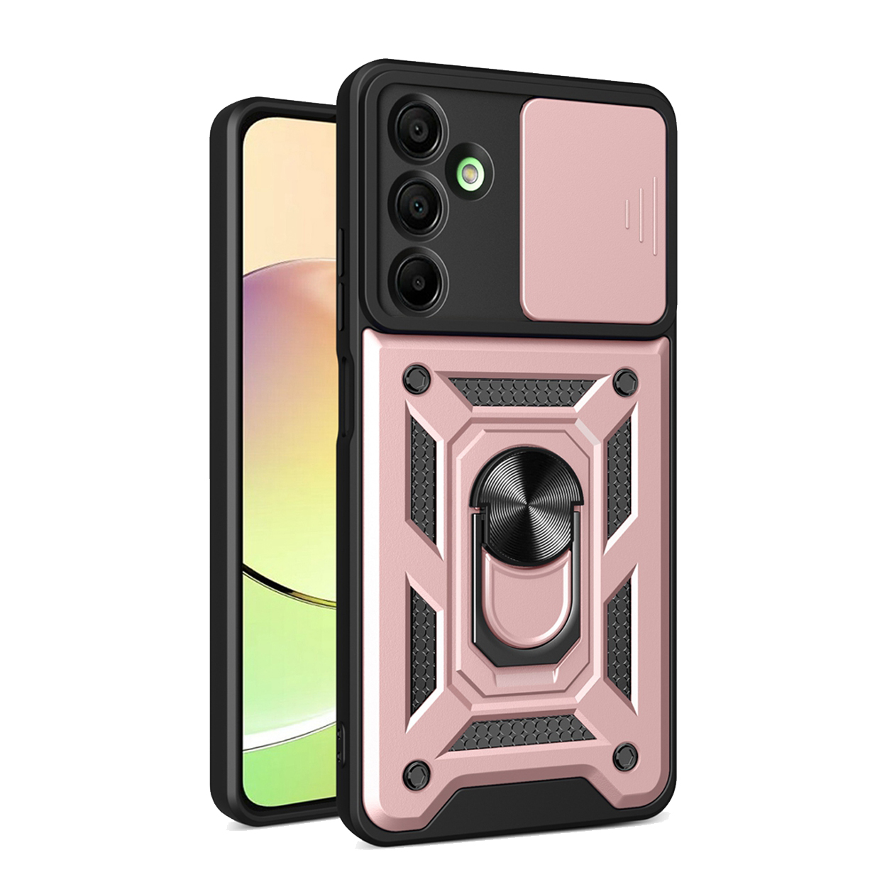 Pink phone case with a ring holder. The back has a camera section with a sliding cover.