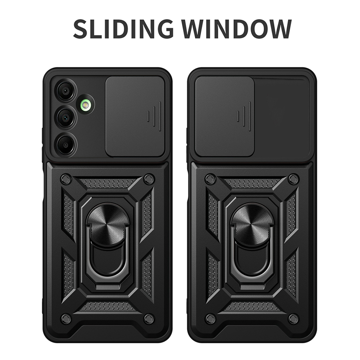 Black phone cases. The case has a sliding window. The case has a ring holder. Multiple views.