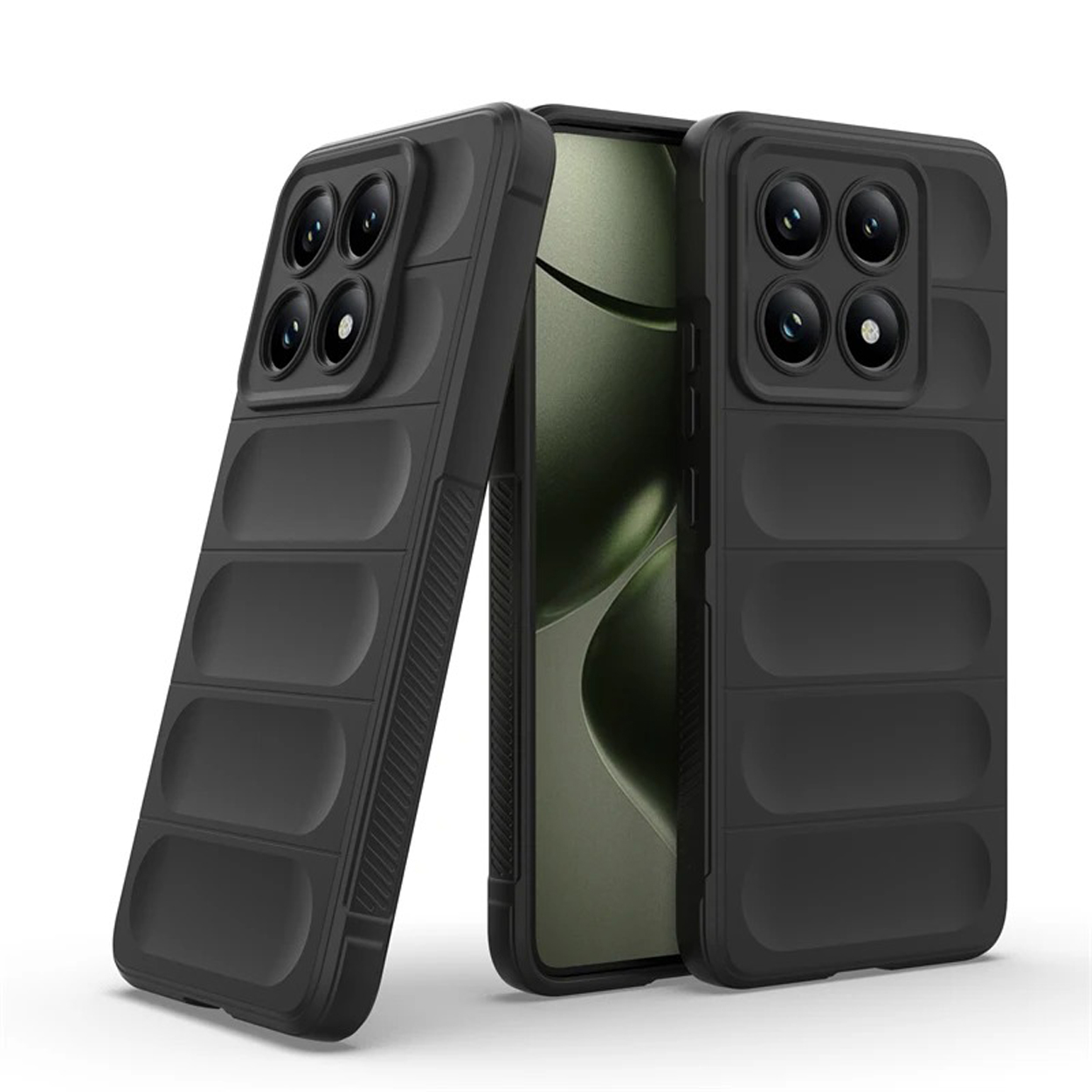 Zwei Telefone in schwarzen Hüllen. Die Hüllen haben ein strukturiertes Design mit horizontalen Linien.