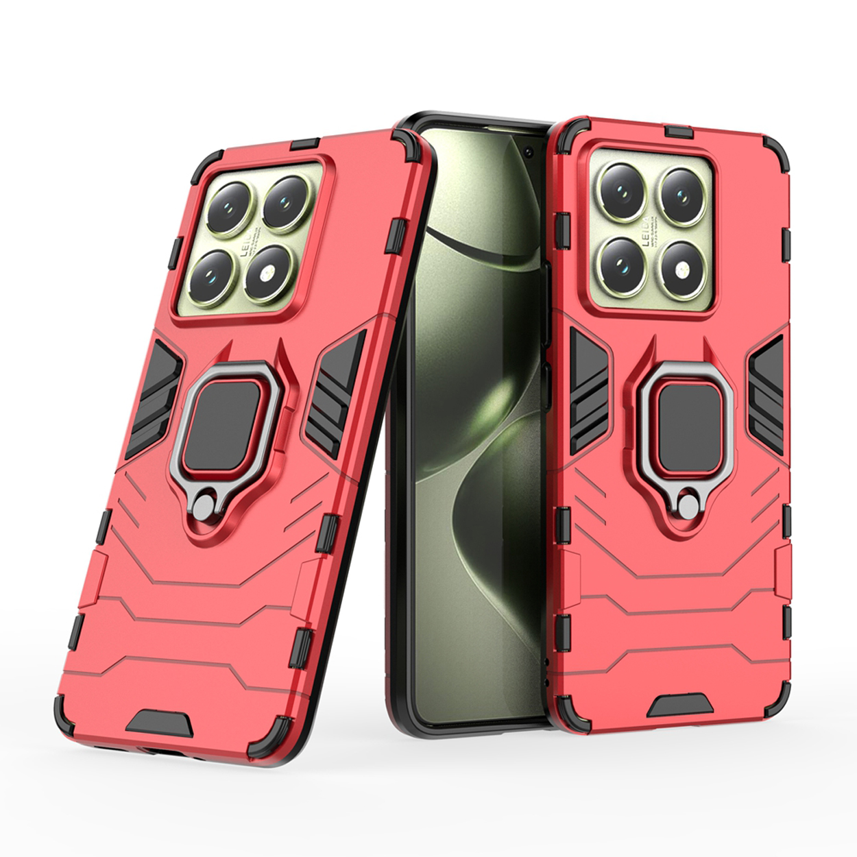 Rode telefoonhoesjes rond een telefoon. De hoesjes hebben een ring en de telefoon staat in het midden.