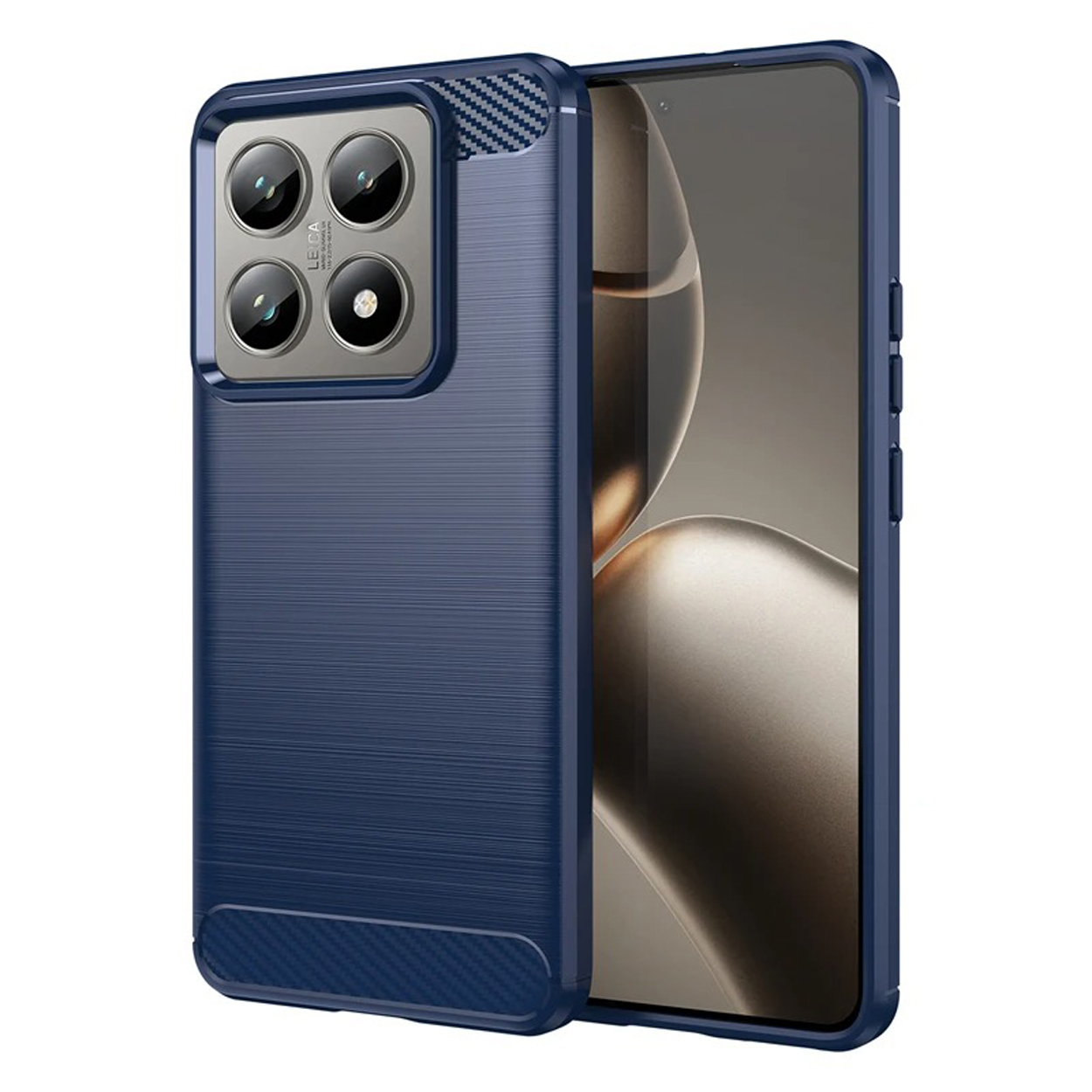 Coque de téléphone bleue sur un téléphone. La coque du téléphone est de couleur bleu foncé.