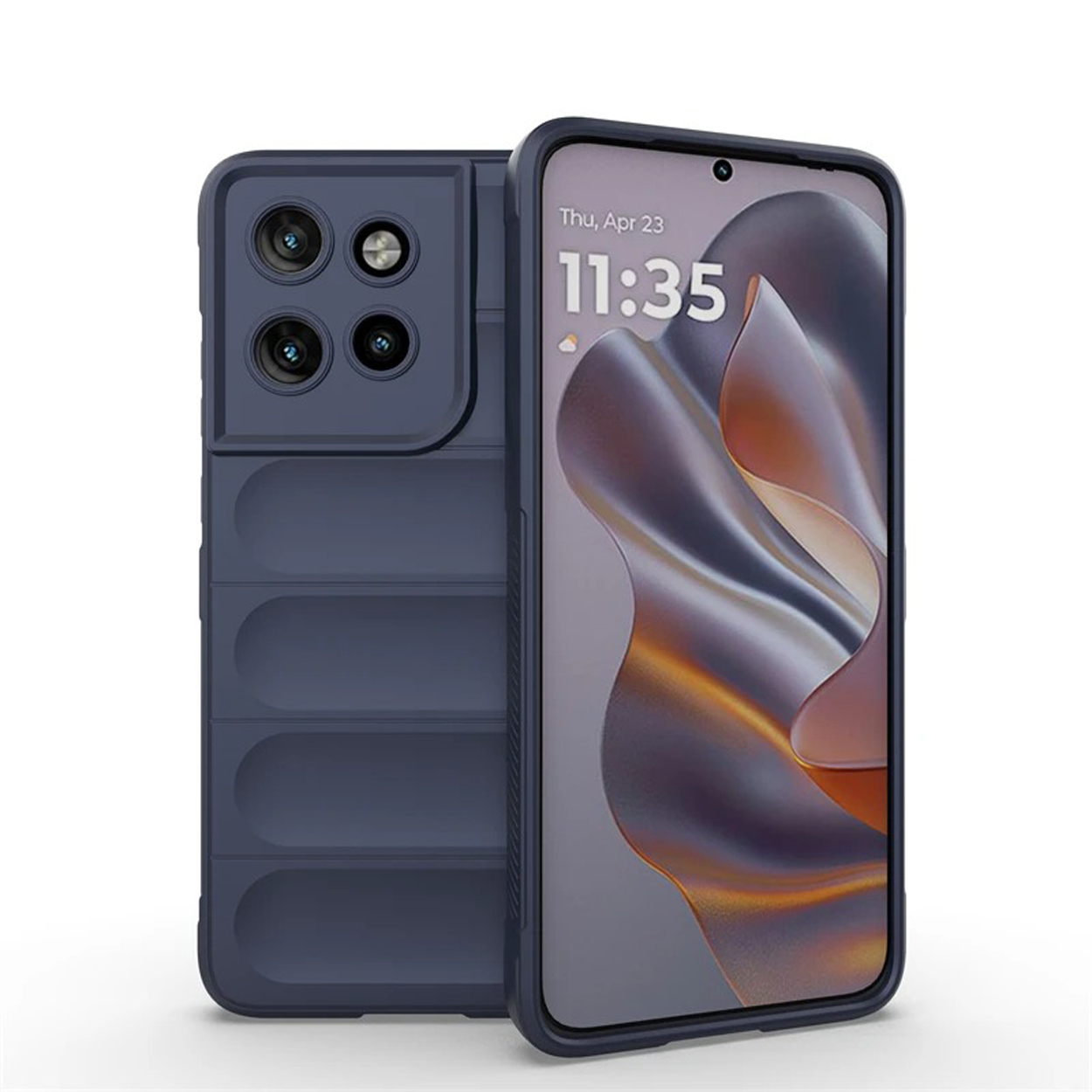 Donkerblauwe telefoonhoes met een telefoon die een scherm toont. De hoes heeft een camerabult en een gestructureerde achterkant.