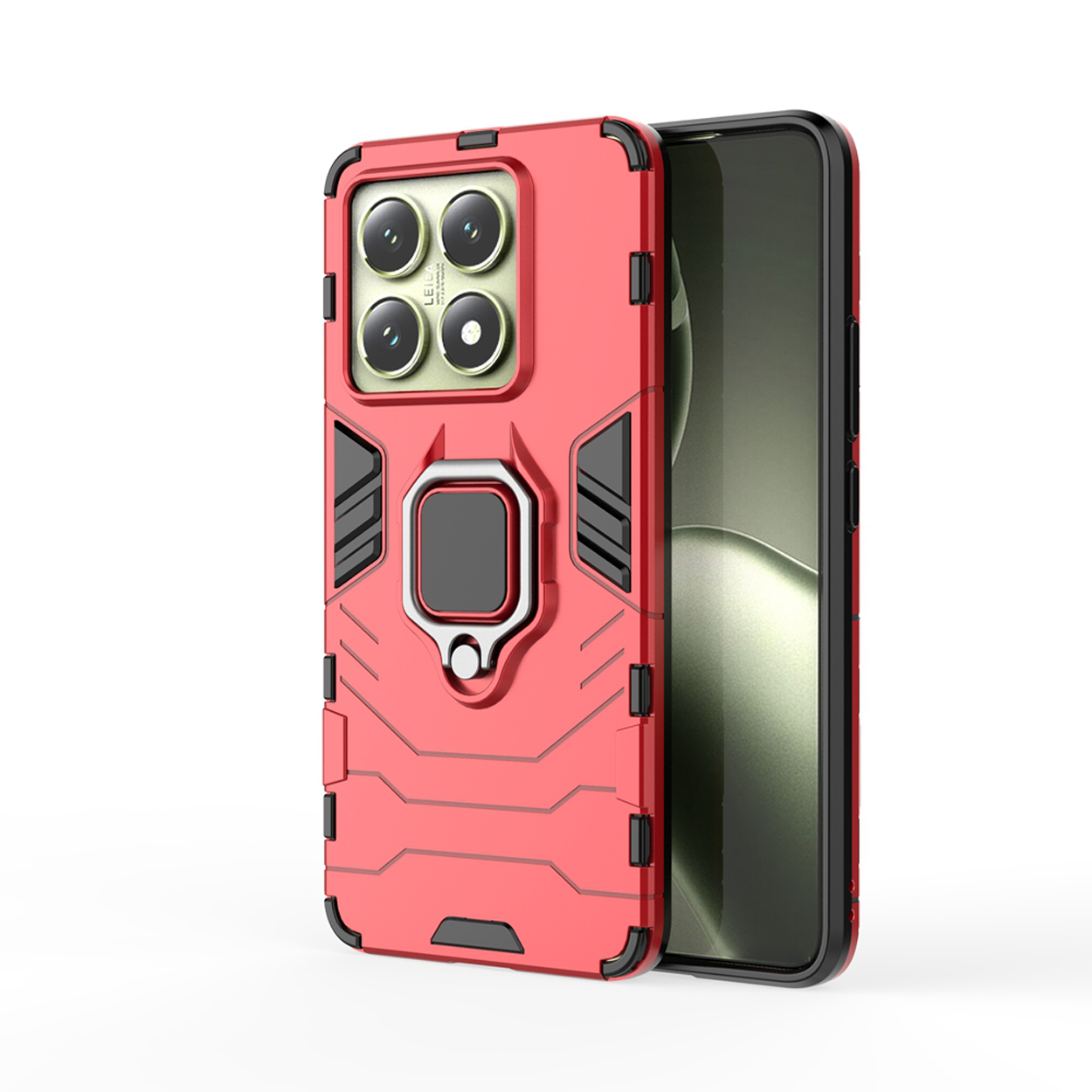 Rode telefoonhoes met een robuust ontwerp en een ringhouder. Telefoon staat op een witte achtergrond.