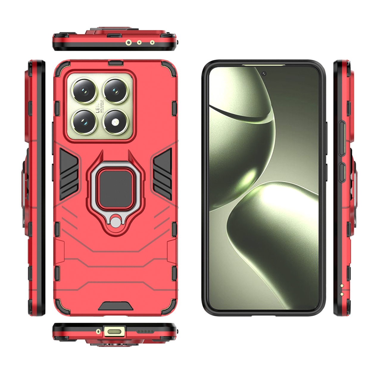 Rood telefoonhoesje met ringstandaard. Telefoon zit in de hoes. Verschillende aanzichten van het telefoonhoesje worden getoond.