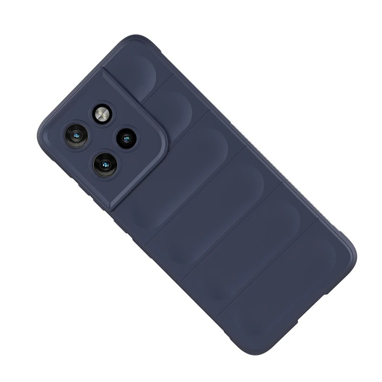 Blauwe telefoonhoes met camera-uitsparingen, gestructureerd design. Witte achtergrond.