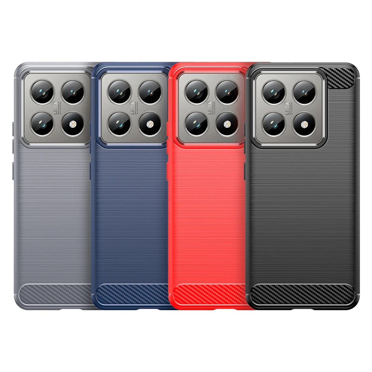 Quatre étuis colorés en gris, bleu, rouge et noir, chacun avec un design de caméra.