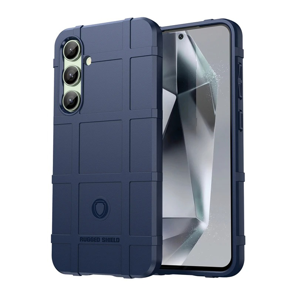 Blauwe telefoonhoes met een getextureerd rasterpatroon. De telefoonhoes heeft een Rugged Shield logo.