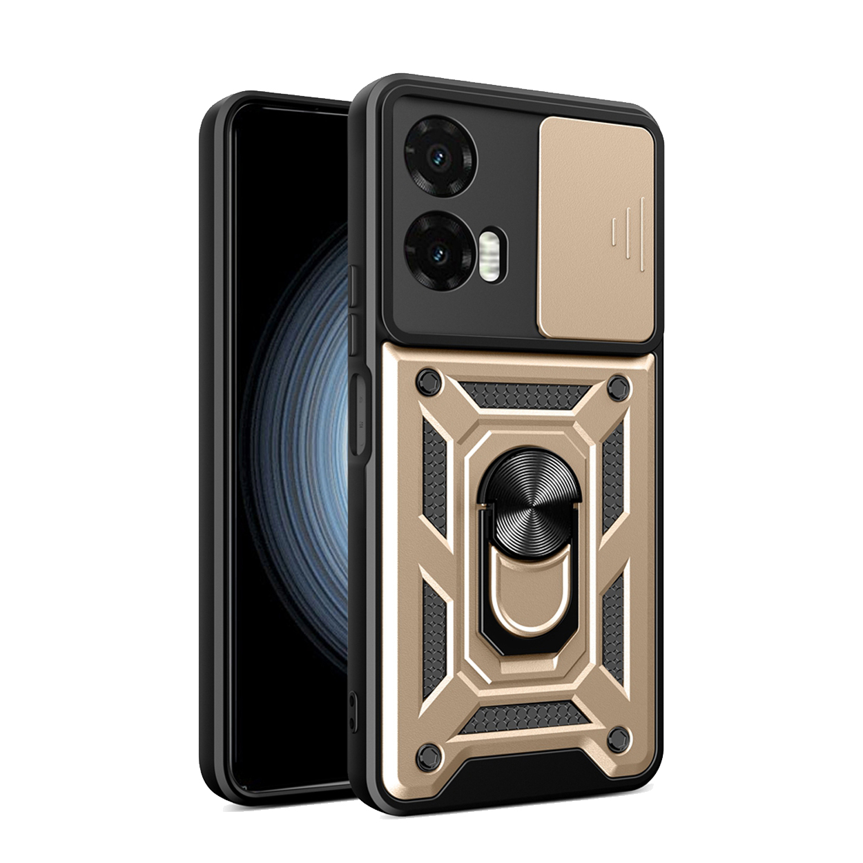 Telefoon in een hoesje met een klepje over de camera. De hoes is goud en zwart.