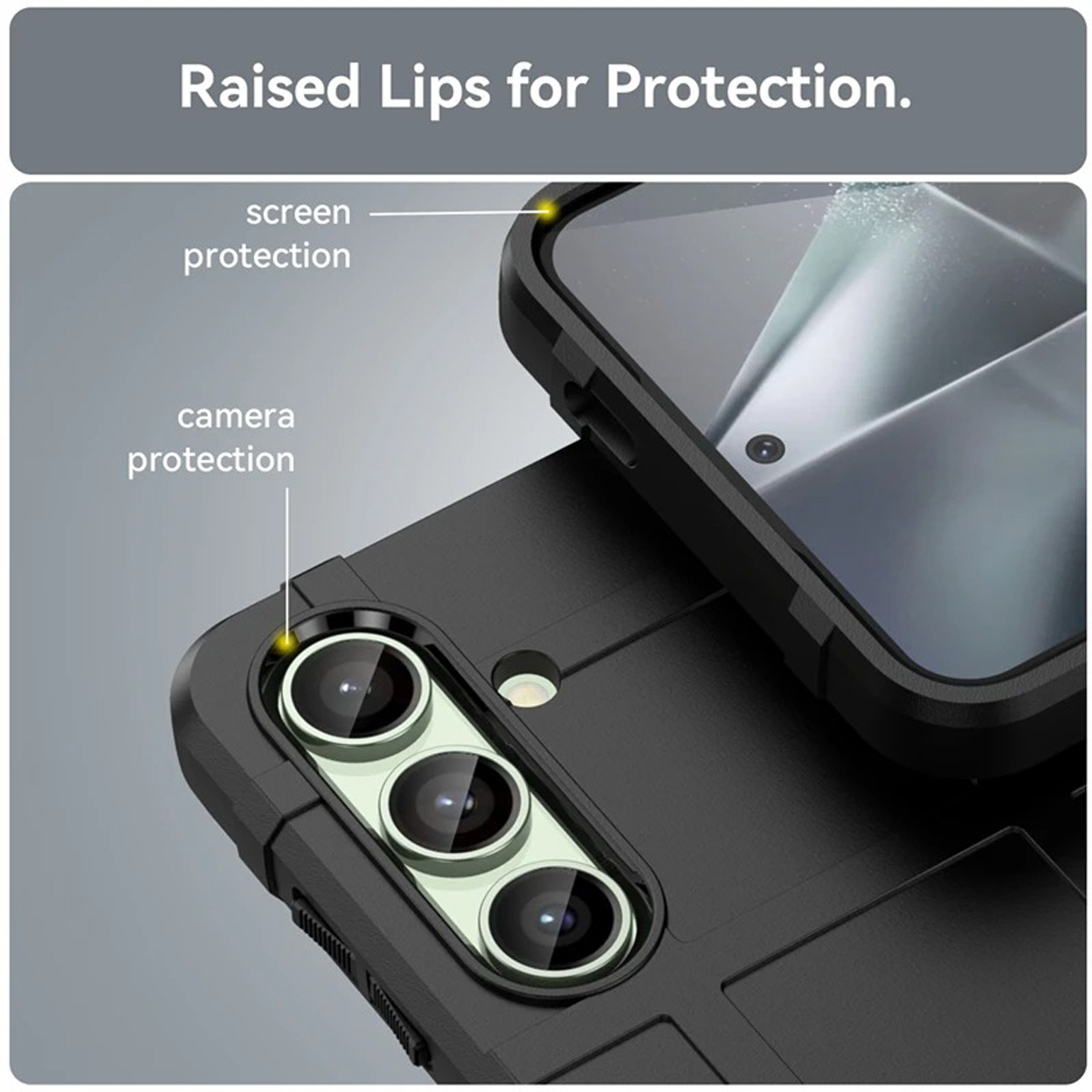 Close-up van een telefoonhoesje met verhoogde randen voor scherm- en camerabescherming. Zwart.