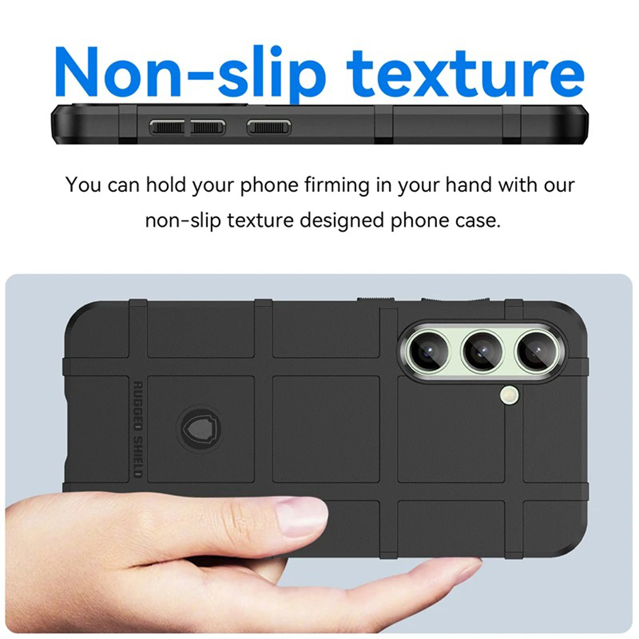 Zwarte telefoonhoes met een antislip textuur en een hand die hem vasthoudt. Tekst: Antislip textuur.