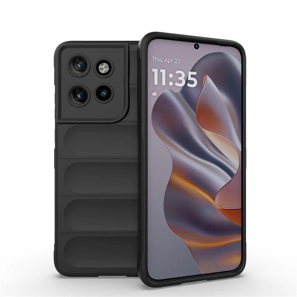 Zwart telefoonhoesje met geribbeld ontwerp en camera-uitsparing. Telefoonscherm zichtbaar. Witte achtergrond.