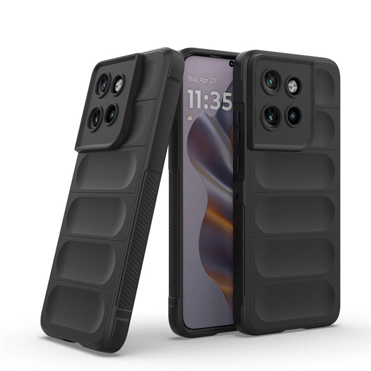 Drie zwarte telefoonhoesjes. Eén links, één in het midden met een telefoon en één rechts.