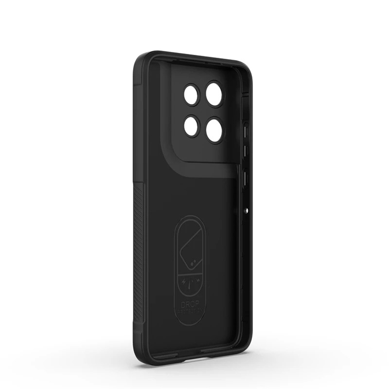 Zwarte telefoonhoes, binnenaanzicht. Vier camera-uitsparingen en een label voor valbescherming. Witte achtergrond.