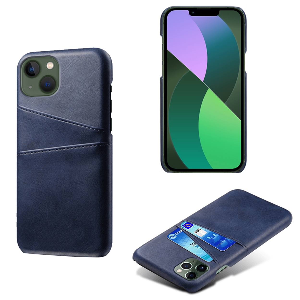 Drie afbeeldingen van een blauwe telefoonhoes en telefoon. Eén met kaartsleuven, een andere die een telefoon vasthoudt.