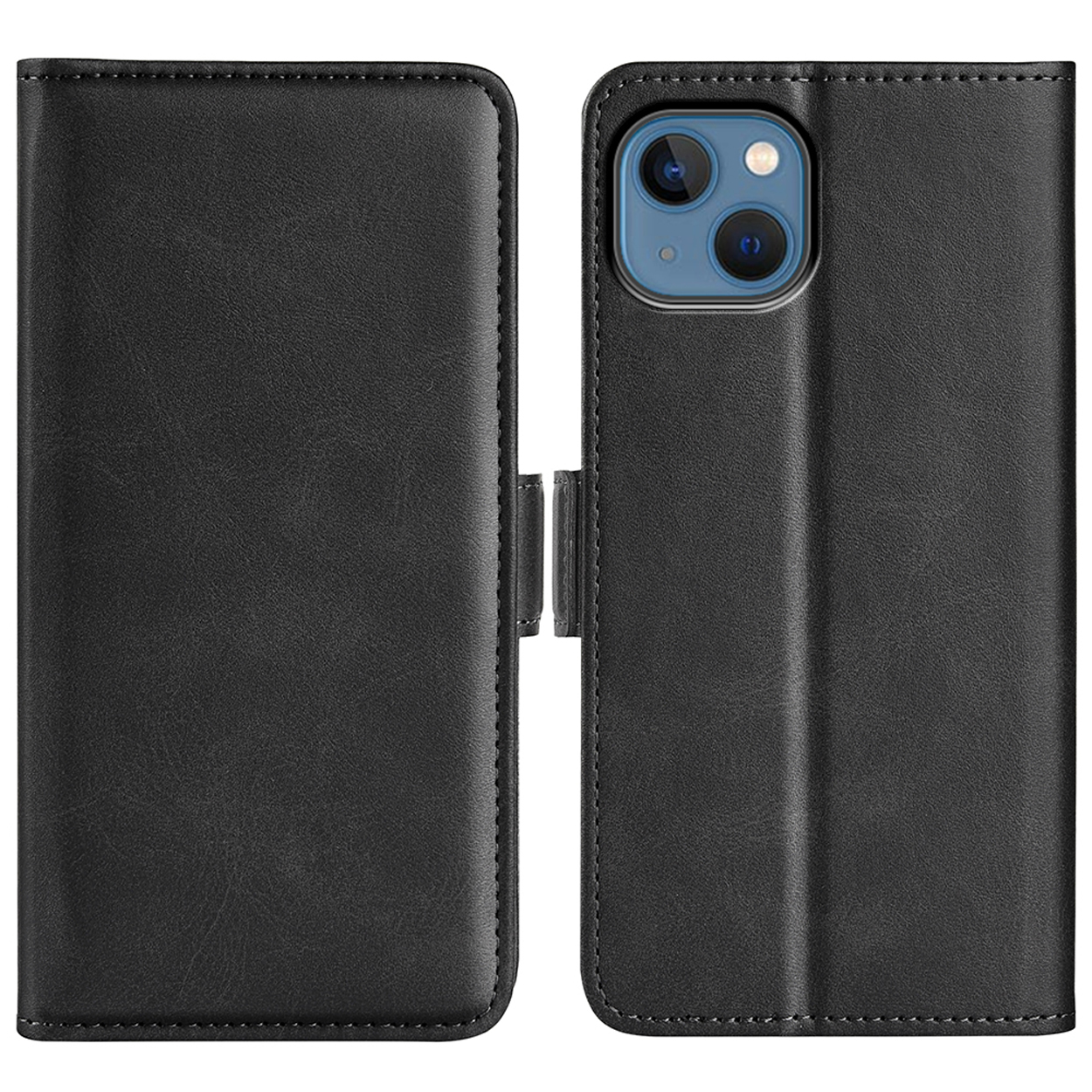 Een zwarte leren telefoonhoes, open en dicht, met de telefoon zichtbaar.