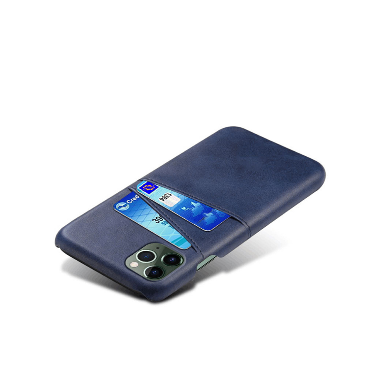 Blauwe telefoonhoes met creditcardvakjes en twee creditcards erin, op een witte achtergrond.