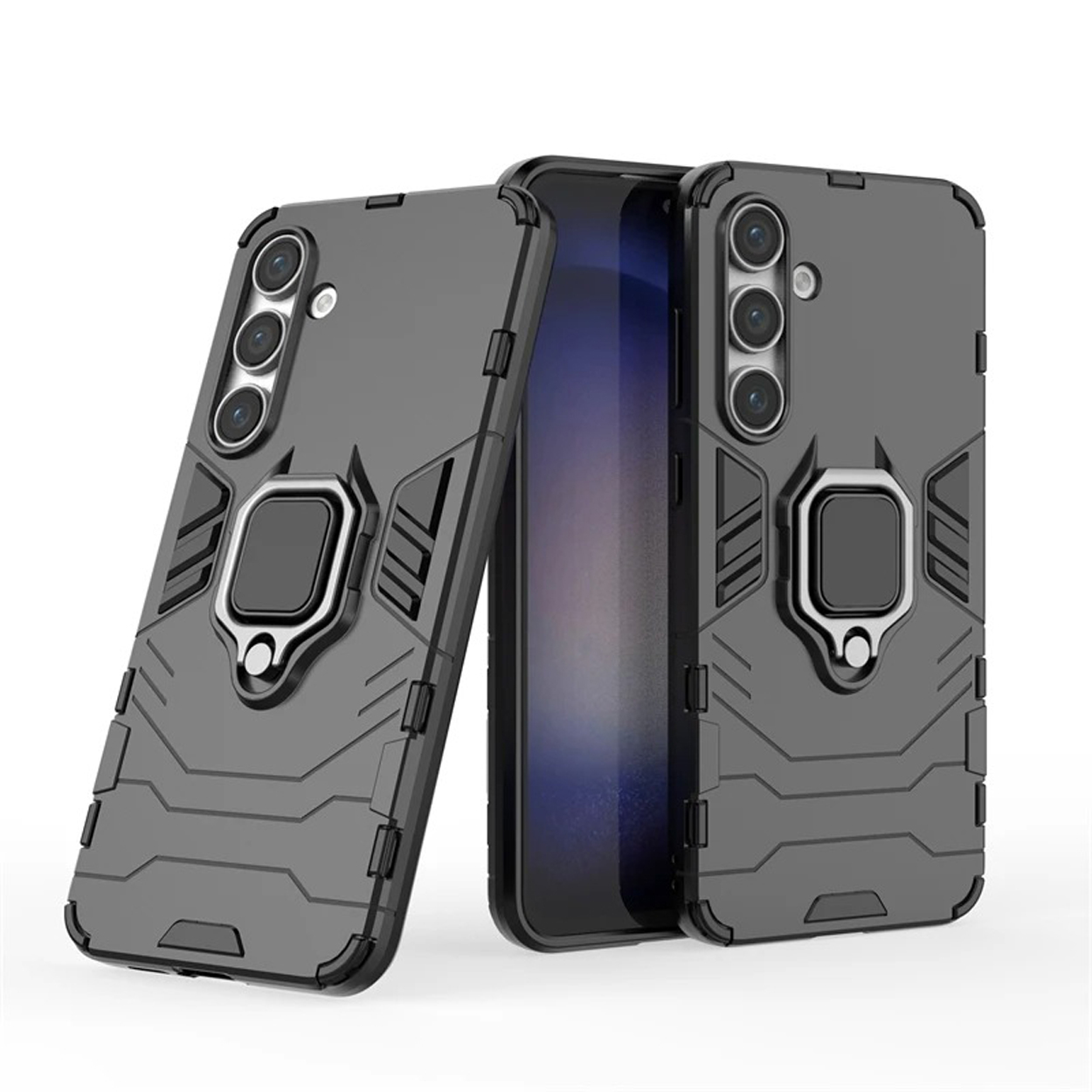 Twee telefoonhoesjes. Eén heeft een telefoon erin. Beide hoesjes zijn grijs en tonen een ringhouder.
