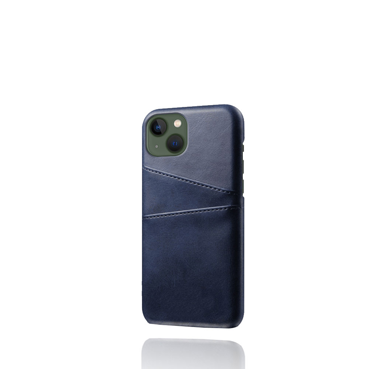 Een blauwe telefoonhoes met kaartsleuven, schuine weergave op witte achtergrond.