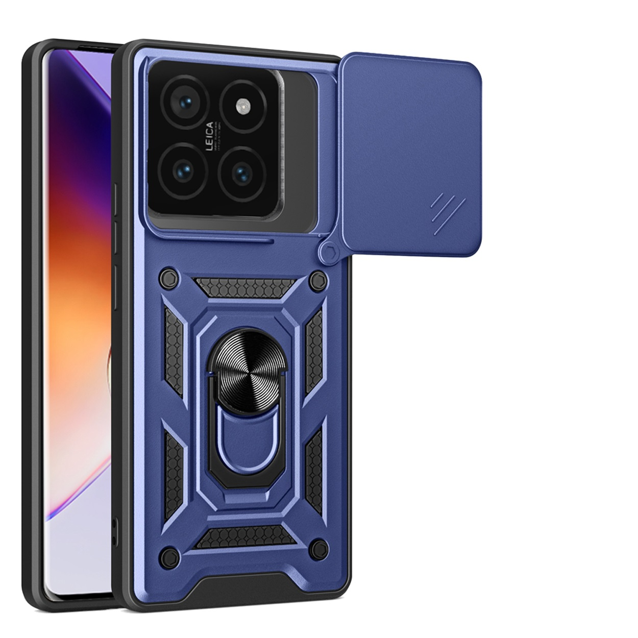 Blauwe telefoonhoes met camerabescherming, ringstandaard en telefoon. Het telefoonscherm is zichtbaar.