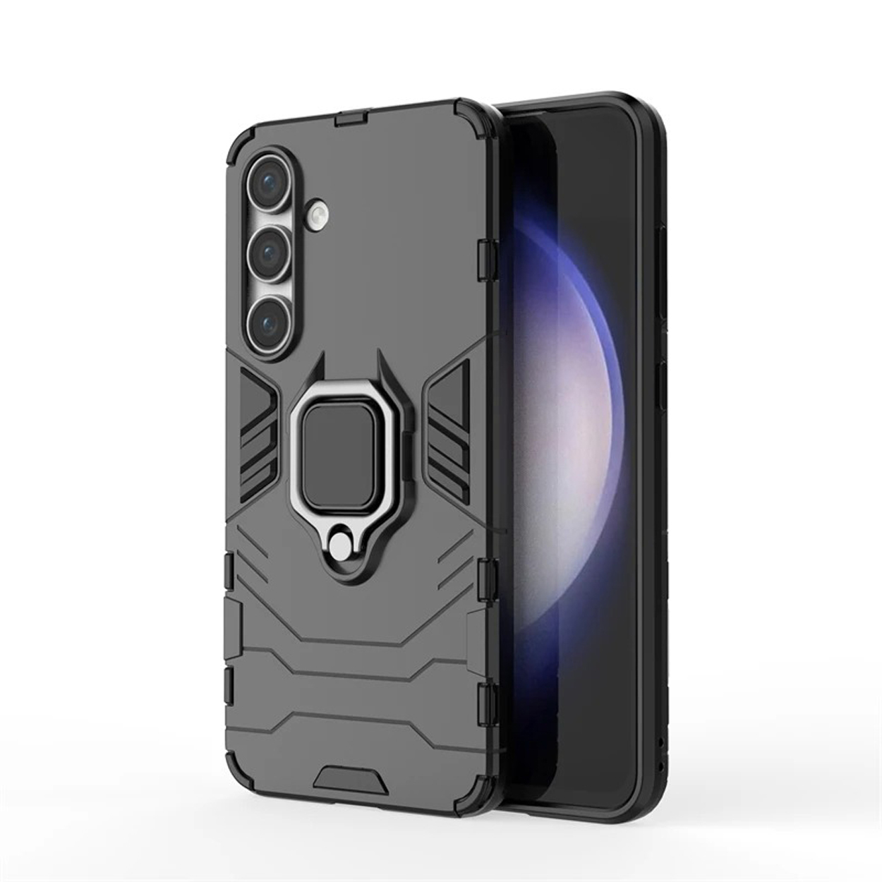 Grijs telefoonhoesje met ringstandaard. Zwarte telefoon zit in de hoes. Witte achtergrond.
