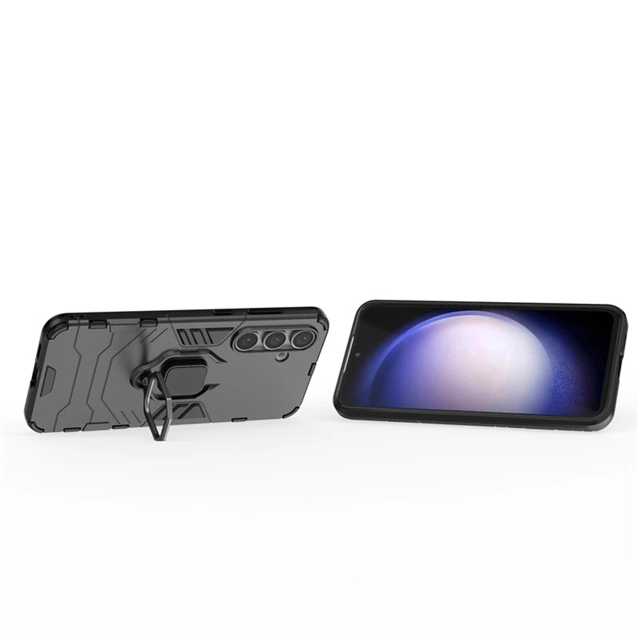 Twee telefoonhoesjes, één met een ringstandaard en een andere die een telefoonscherm laat zien.