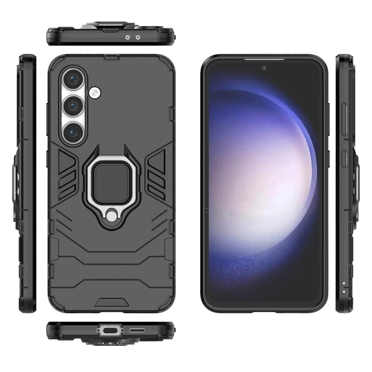 Telefoonhoesje vanuit meerdere hoeken getoond, met een ringhouder en robuust, zwart ontwerp.