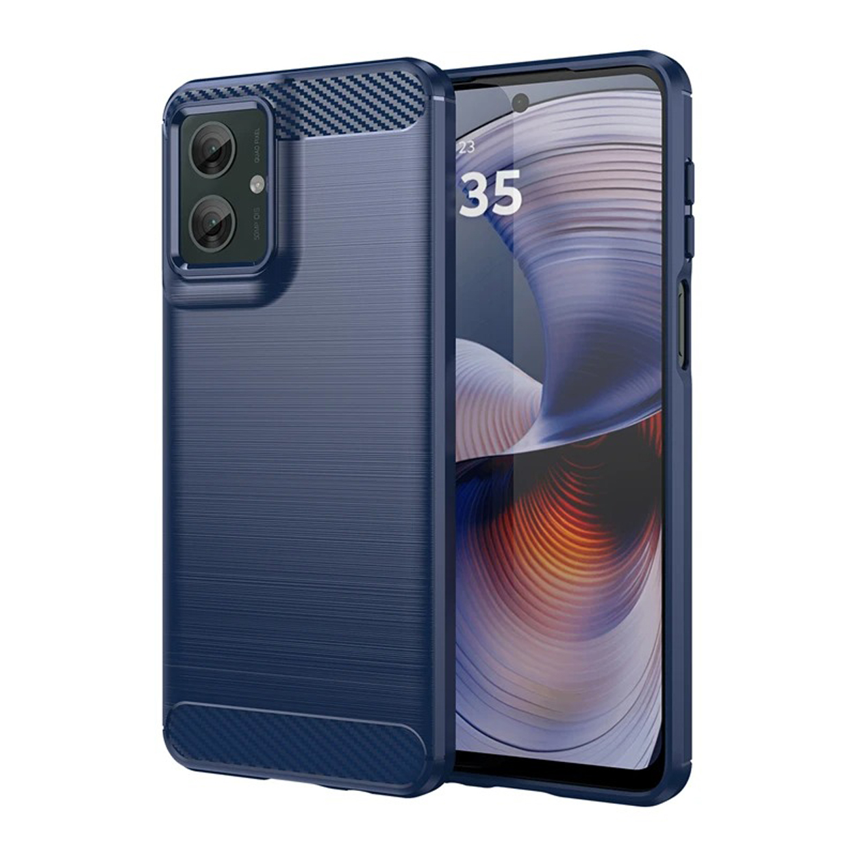 Coque de téléphone bleue sur un téléphone. La coque du téléphone est de couleur bleu foncé.