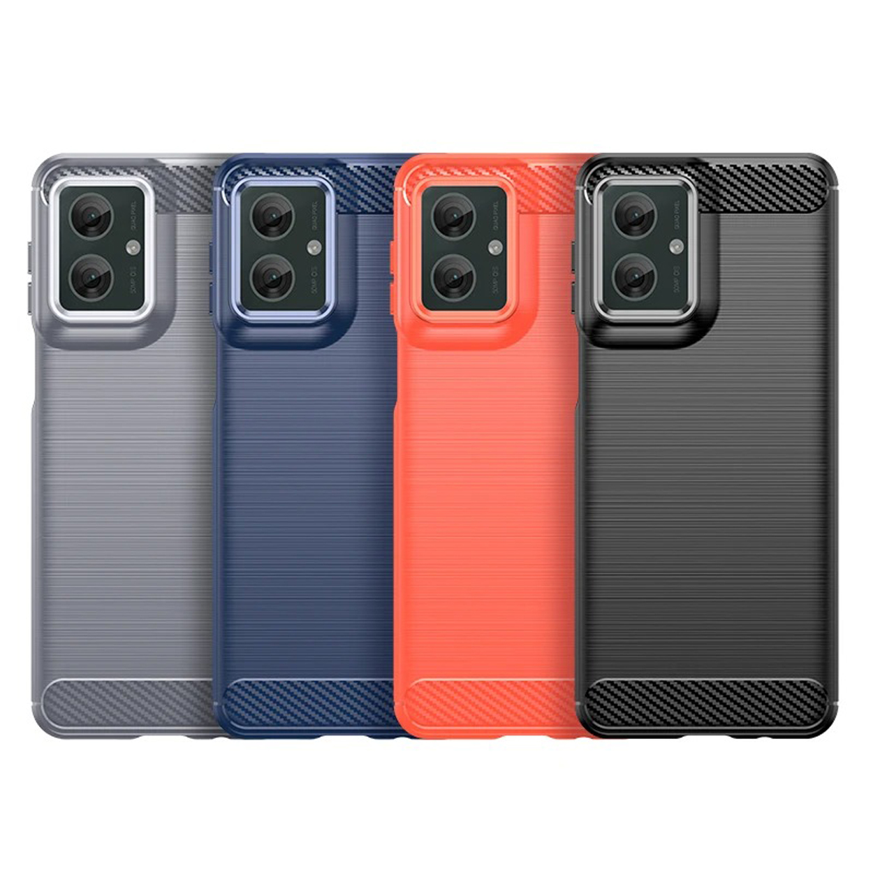 Quatre étuis de téléphone de couleurs différentes, chacun avec des accents en fibre de carbone.