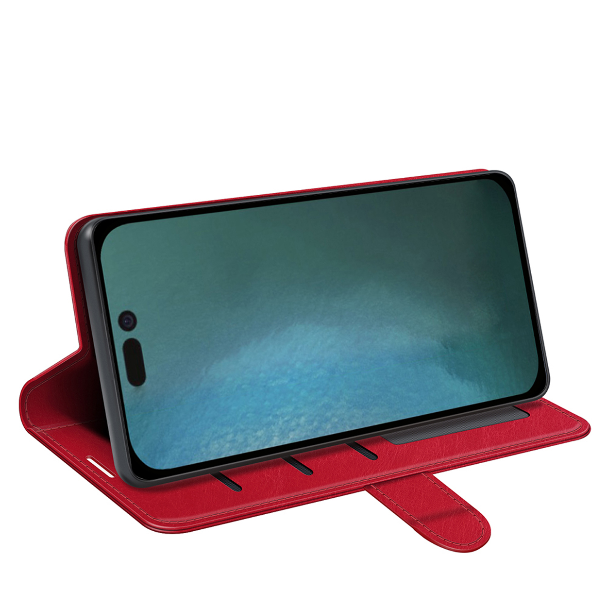 Een rode telefoonhoes met een scherm dat een afbeelding weergeeft, is open, met een landschap.