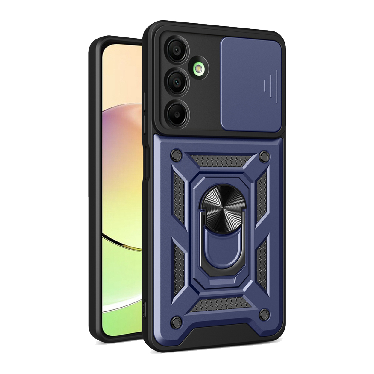 A blue phone case with a ring holder on a white background, next to a phone.