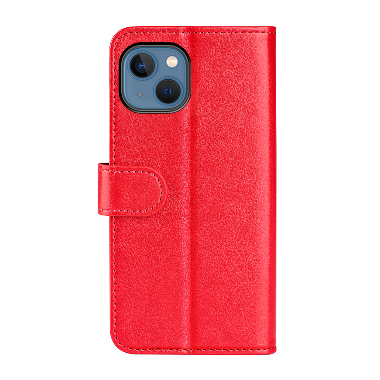 Rode leren telefoonhoes; gesloten, met stikseldetails, op witte achtergrond.