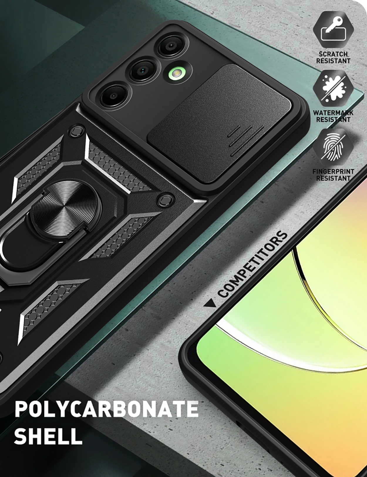 Phone case with a sliding camera cover, ring holder and protective features. 