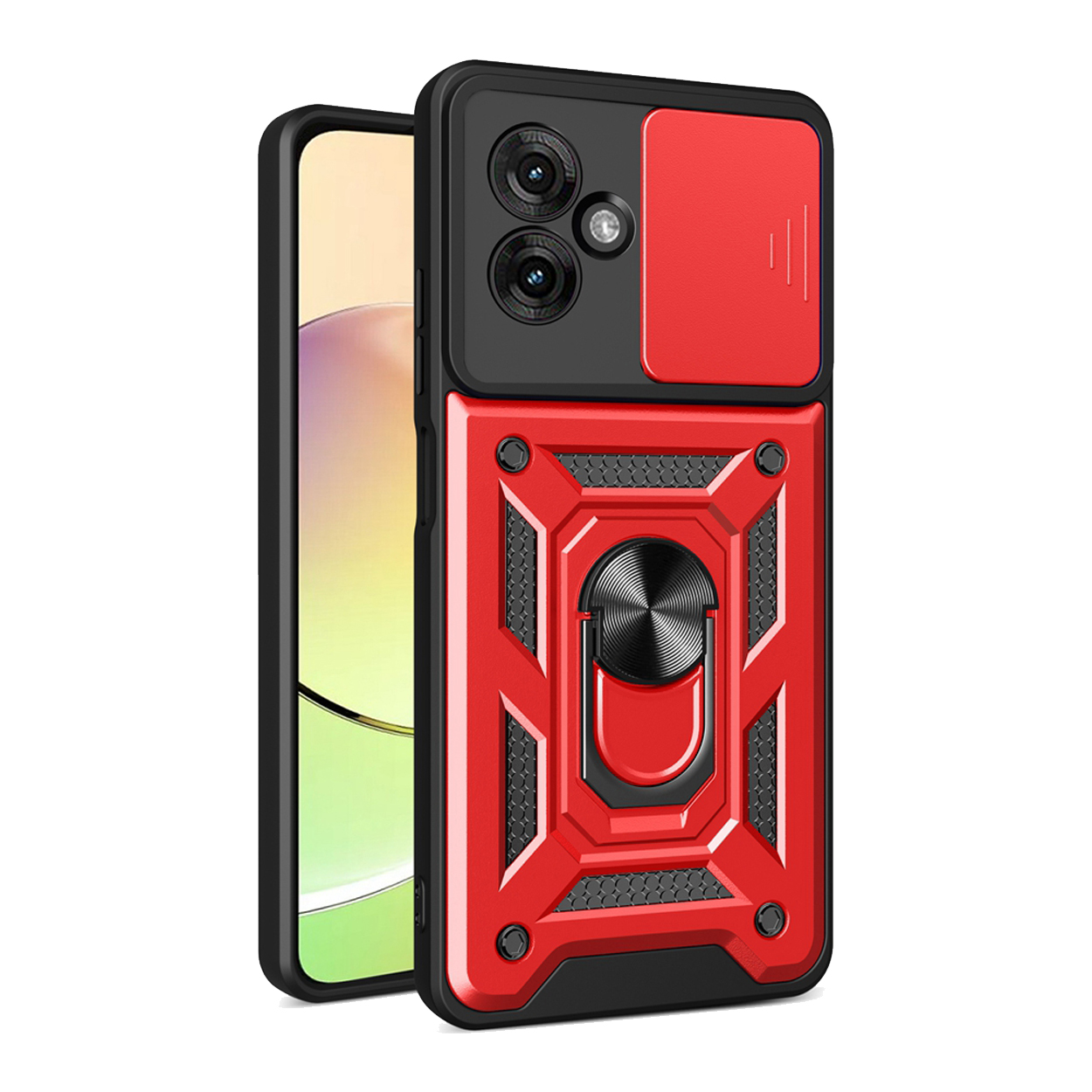 Rode telefoonhoes met camerabescherming, ringstandaard en telefoon. Zwarte accenten en zichtbaar telefoonscherm.