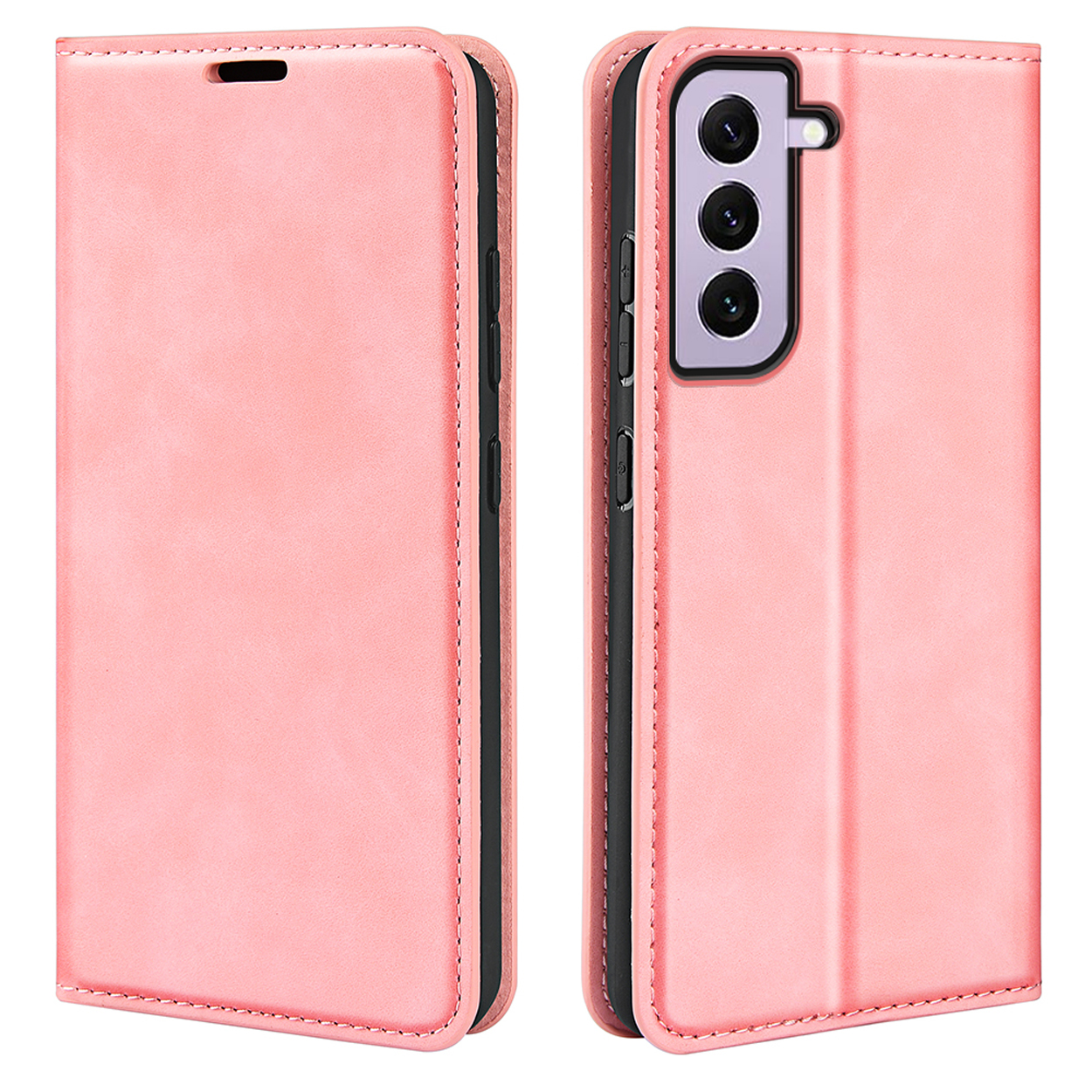 Un étui de téléphone en cuir rose est ouvert. Un téléphone est à l'intérieur, montrant son écran.
