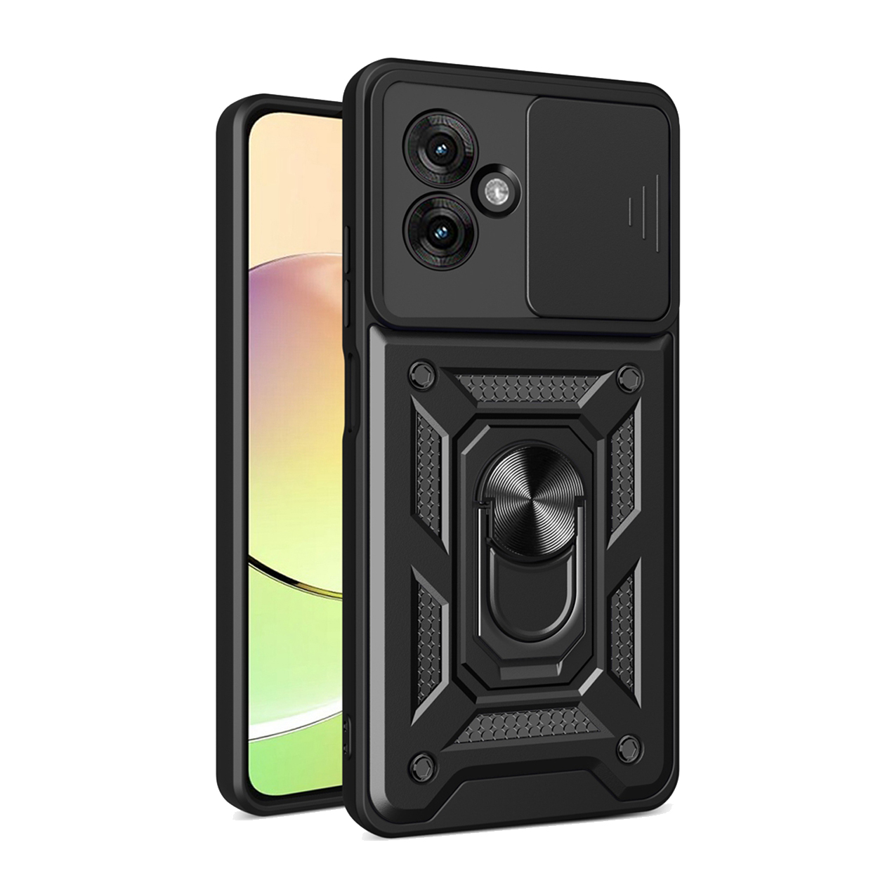 Zwarte telefoonhoes met camera cover en ringhouder, telefoon zichtbaar. Witte achtergrond.