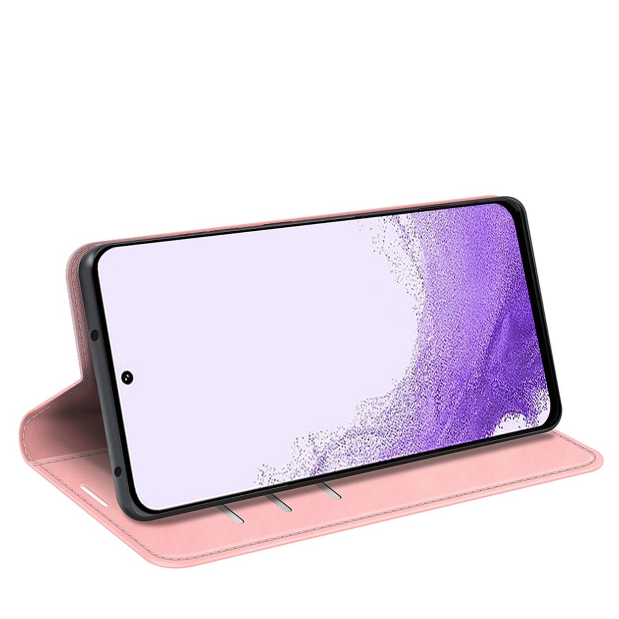 Étui de téléphone rose ouvert, avec téléphone à l'intérieur; fond blanc.