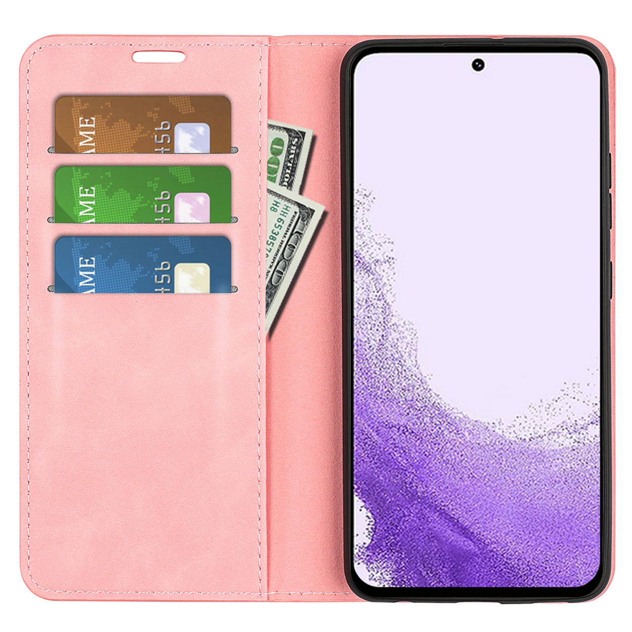 Étui de téléphone rose, ouvert, montrant téléphone, argent et cartes, sur fond blanc.