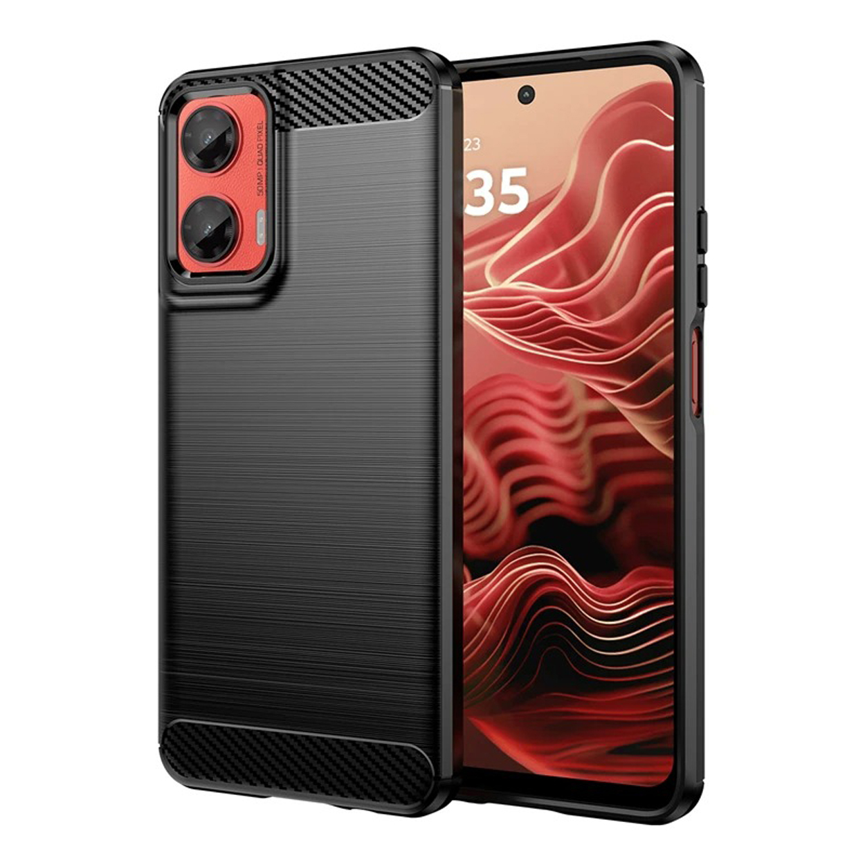 Coque de téléphone noire avec cache caméra rouge, et écran de téléphone avec design rouge. La coque a de la texture.