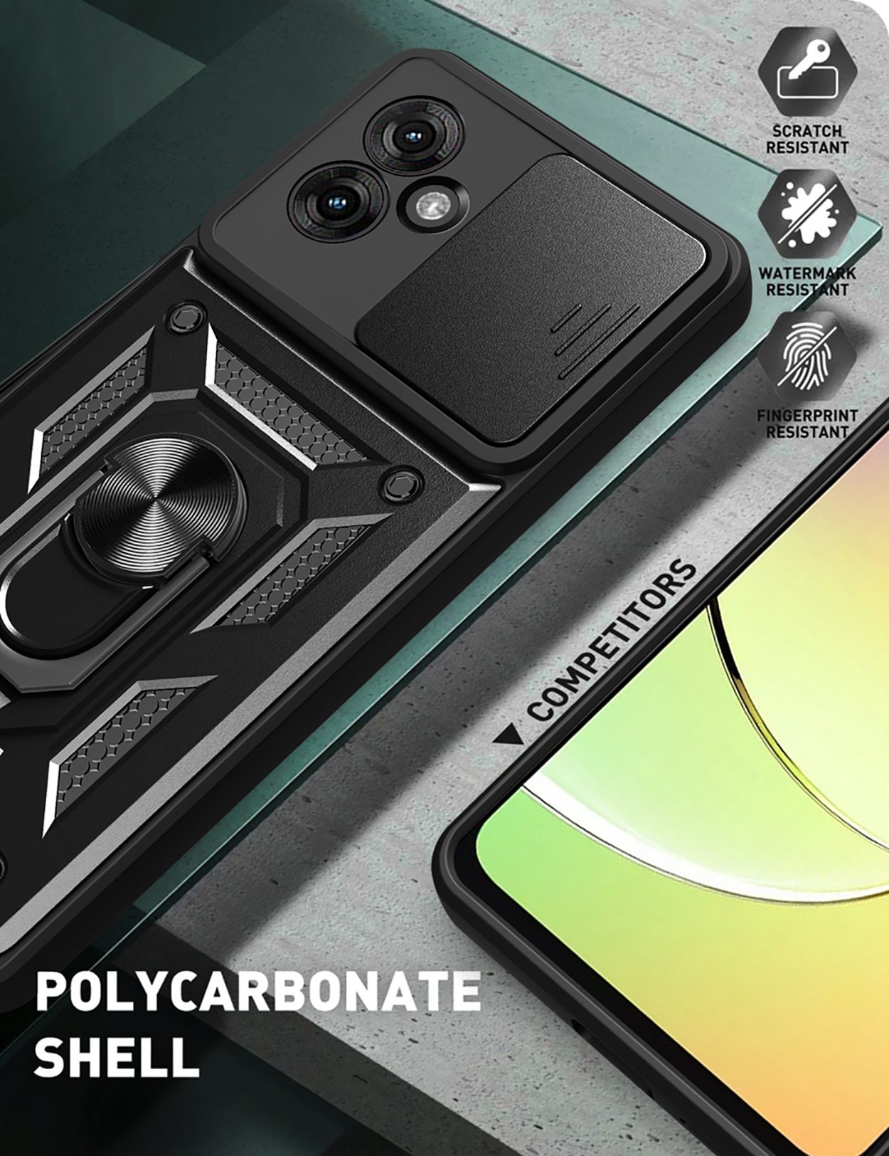Zwart telefoonhoesje met ringstandaard en camerahoes. Tekst: Polycarbonaat schaal. Witte achtergrond.