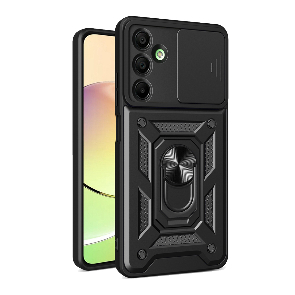 Black phone case with a ring holder and camera cover. A phone is on the left side.