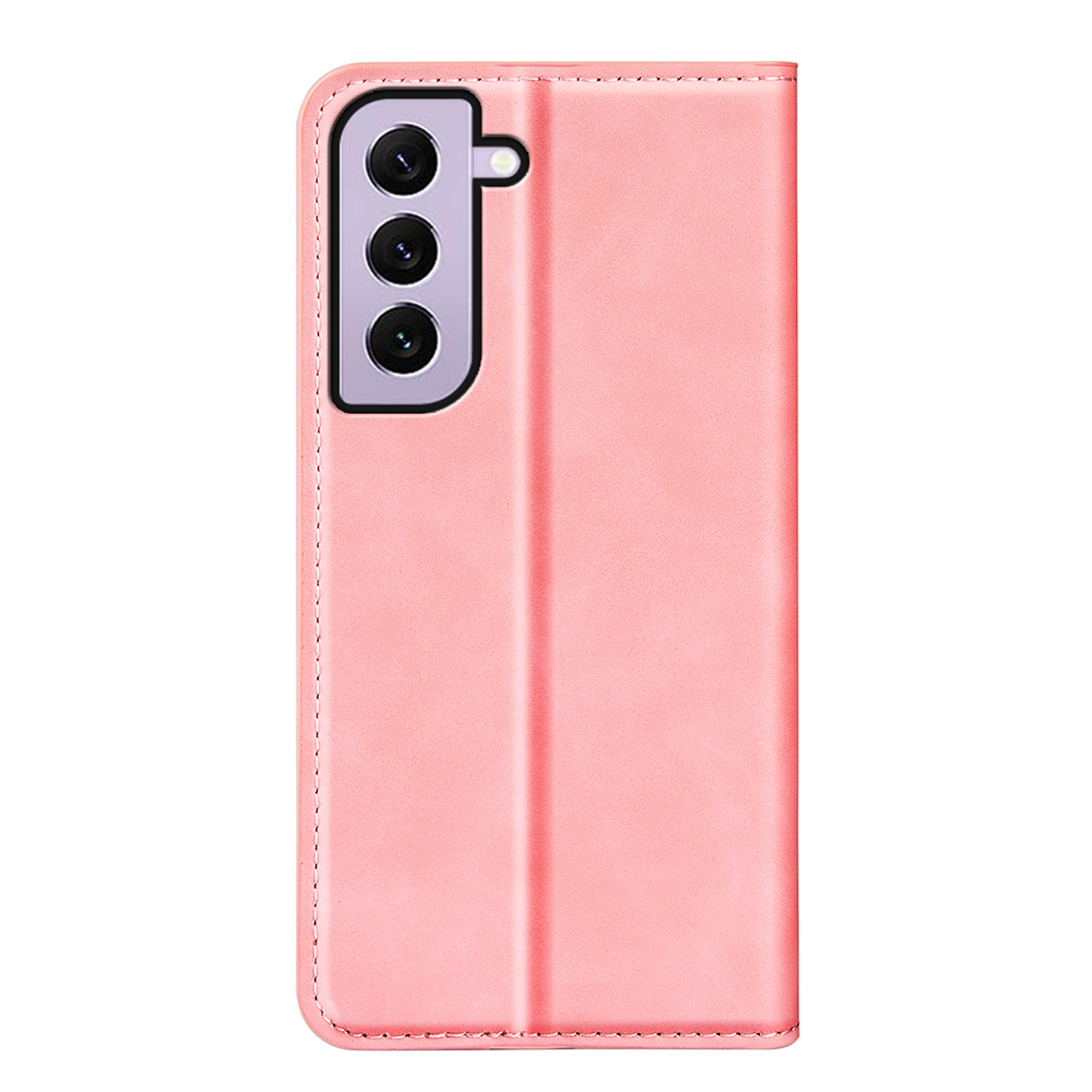 Coque de téléphone rose, fermée. La configuration triple caméra est à l'arrière du téléphone.