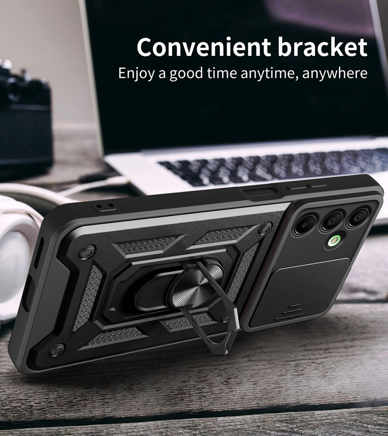 Black phone case with ring stand is angled on a desk. Text reads: Convenient bracket. White background.