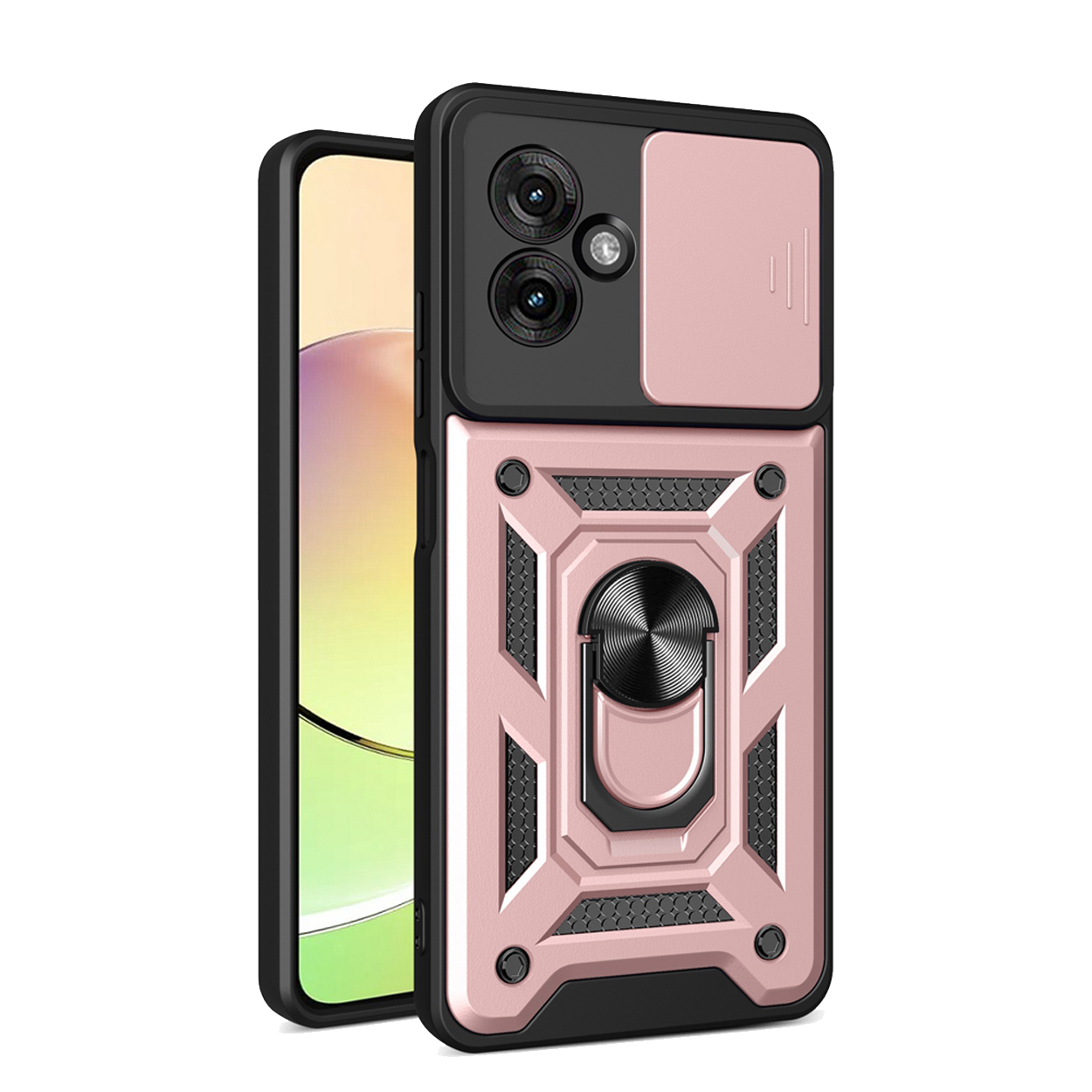 Roze telefoonhoes met een ringhouder en cameralensafdekking. Een telefoon staat aan de linkerkant.