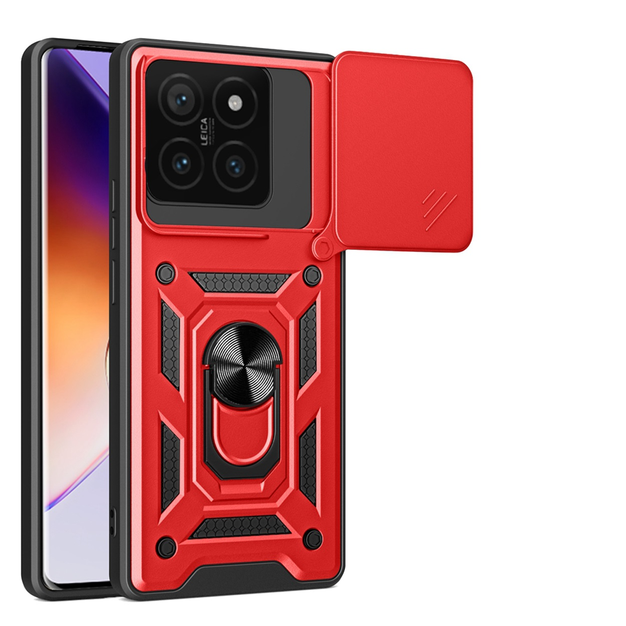 Rode telefoonhoes met cameralensafdekking en ringhouder. Telefoon staat aan de linkerkant.