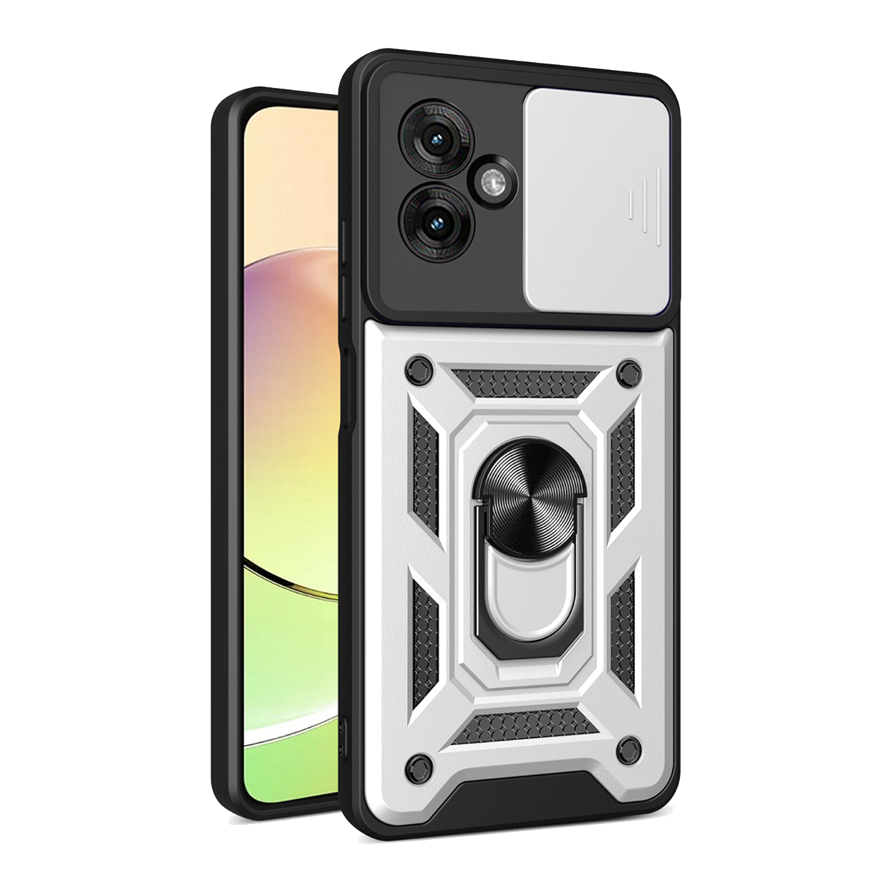 Zwart-witte telefoonhoes, met cameralensafdekking. Ring op de achterkant.