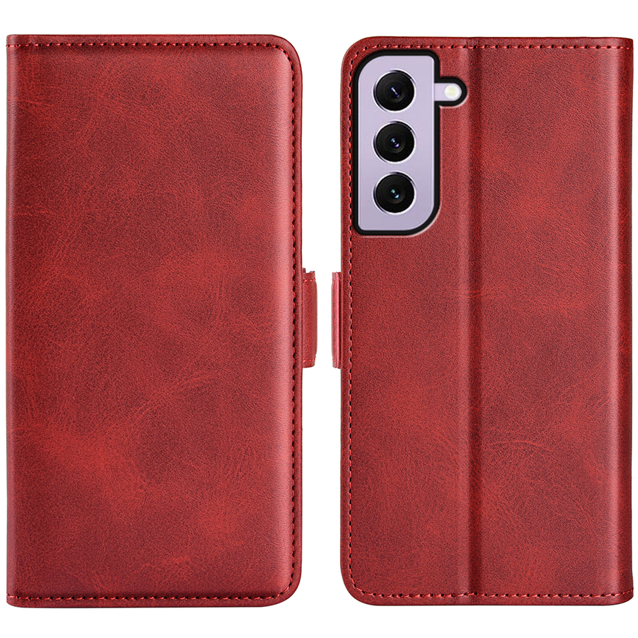 Coque de téléphone en cuir rouge, ouverte pour afficher le téléphone. Fond blanc.