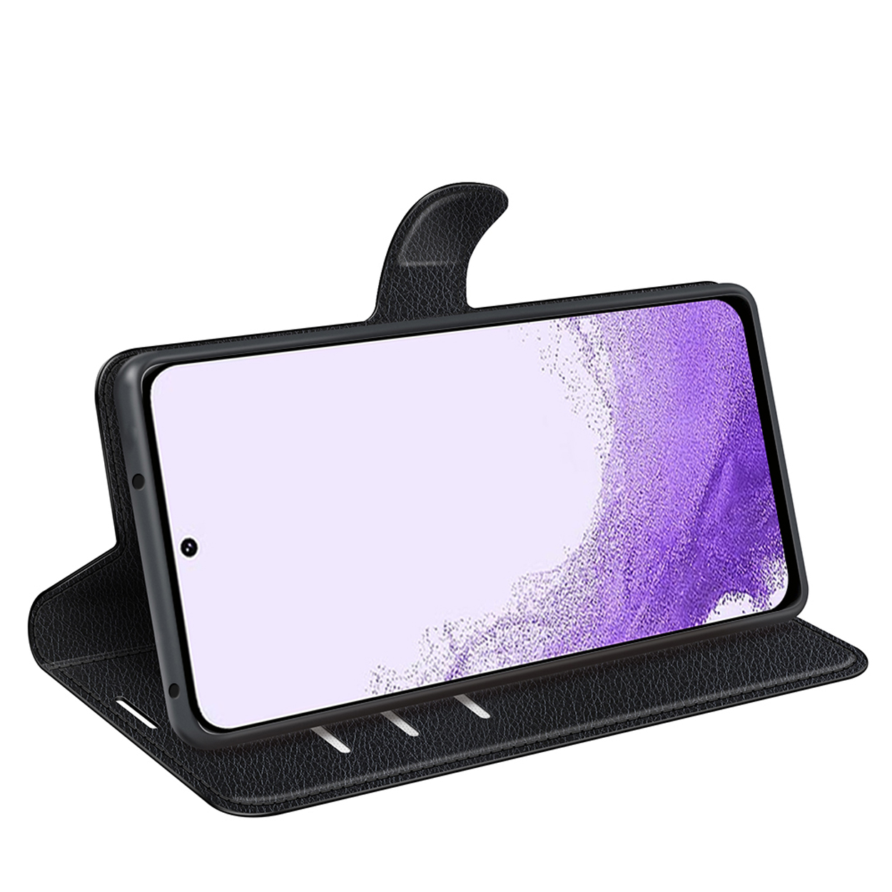 Portefeuille d'étui de téléphone noir ouvert avec téléphone. L'écran du téléphone a un arrière-plan violet.