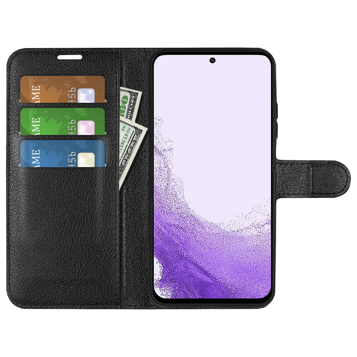 Étui de téléphone noir ouvert avec cartes, argent liquide et un téléphone affichant une forêt.