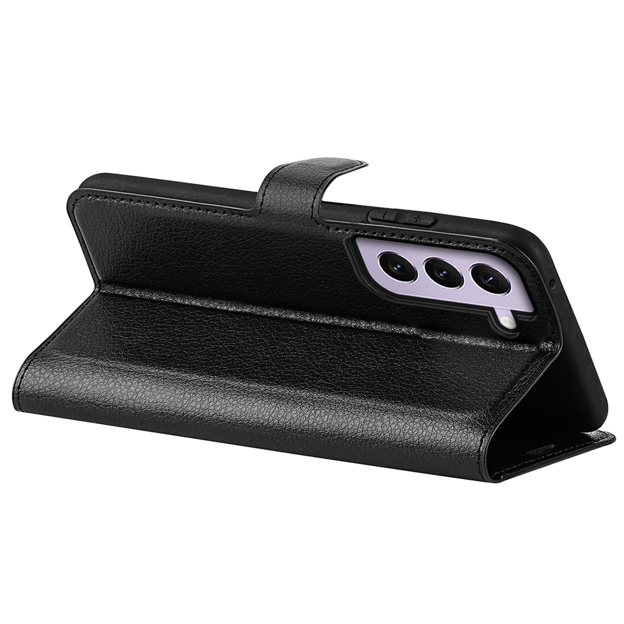 Étui de téléphone en cuir noir, ouvert, révélant un téléphone. Le téléphone a trois objectifs.